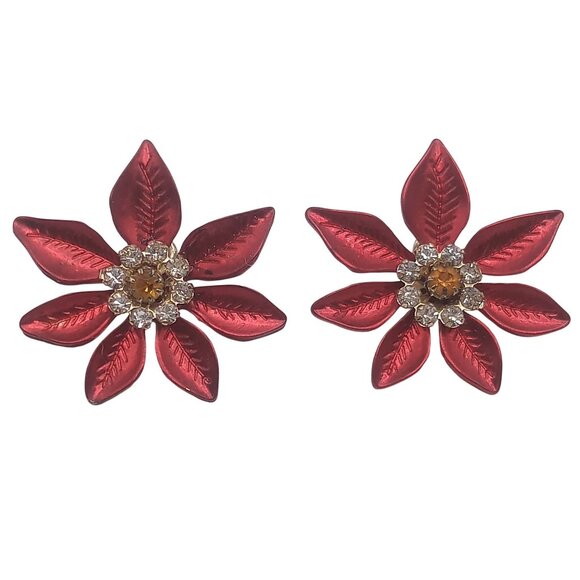Poinsettia Earrings Red Enamel Rhinestones Gold Tone Pierced Ear Backing Earring - Picture 1 of 7